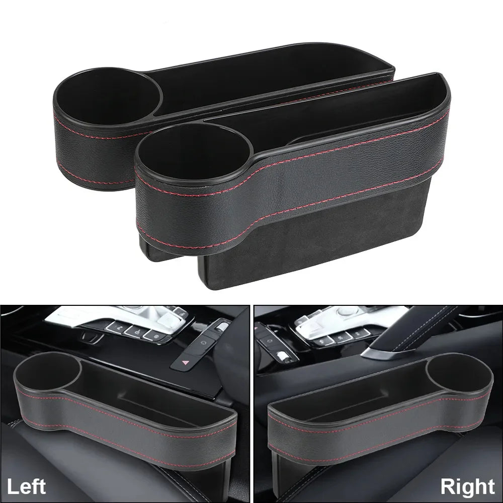 Organizador universal de cuero sintético para asientos de coche con orificio de carga: almacenamiento compacto para teléfonos, llaves y botellas