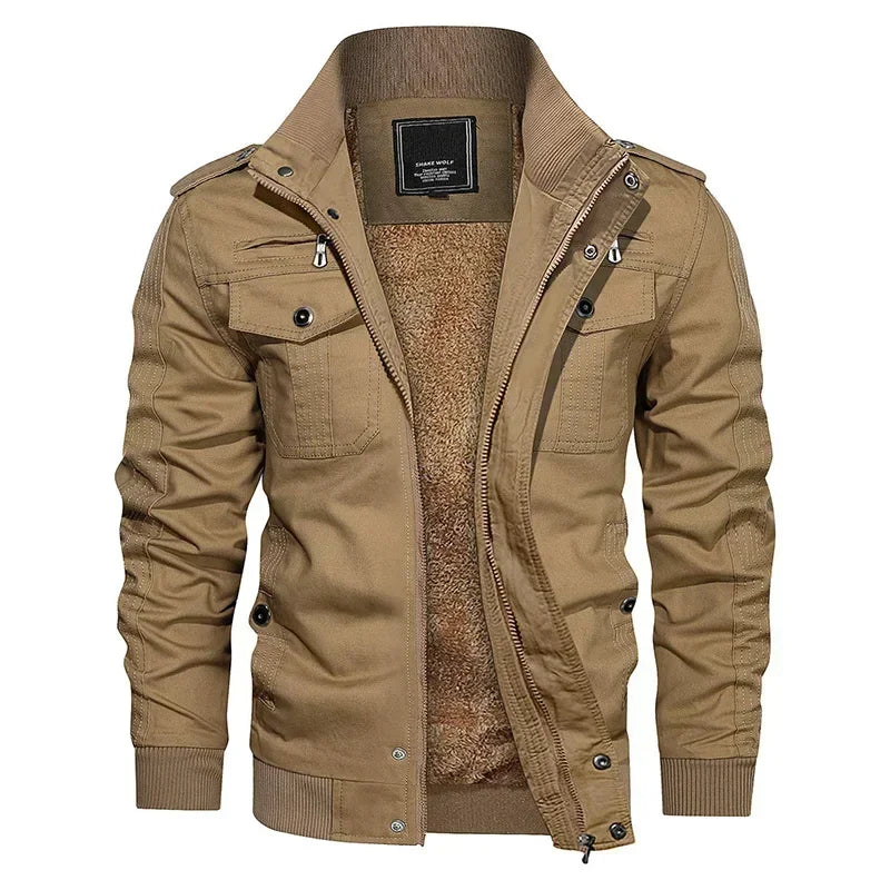 Men’s Military Cargo Jacket – Fleece-Lined, Stand Collar, Winter Outerwear