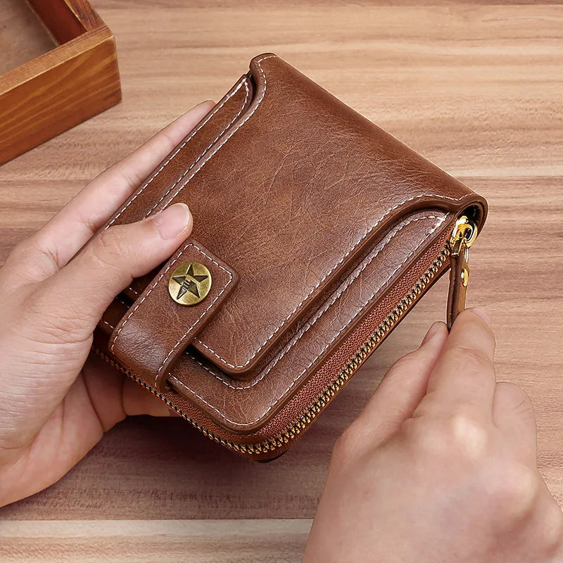 Vintage RFID-Blocking Leather Wallet for Men – Slim Zipper Clutch with Card Slots