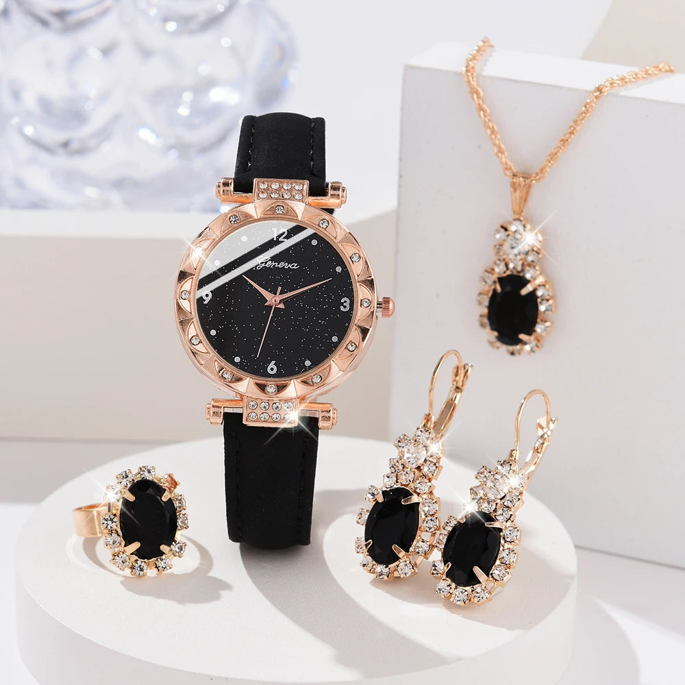5-Piece Luxury Watch Set for Women - Rhinestone Quartz Watch & Jewelry Gift Set