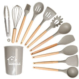 Juego de utensilios de cocina de silicona de 12 piezas: herramientas de cocina antiadherentes y resistentes al calor con mangos de madera