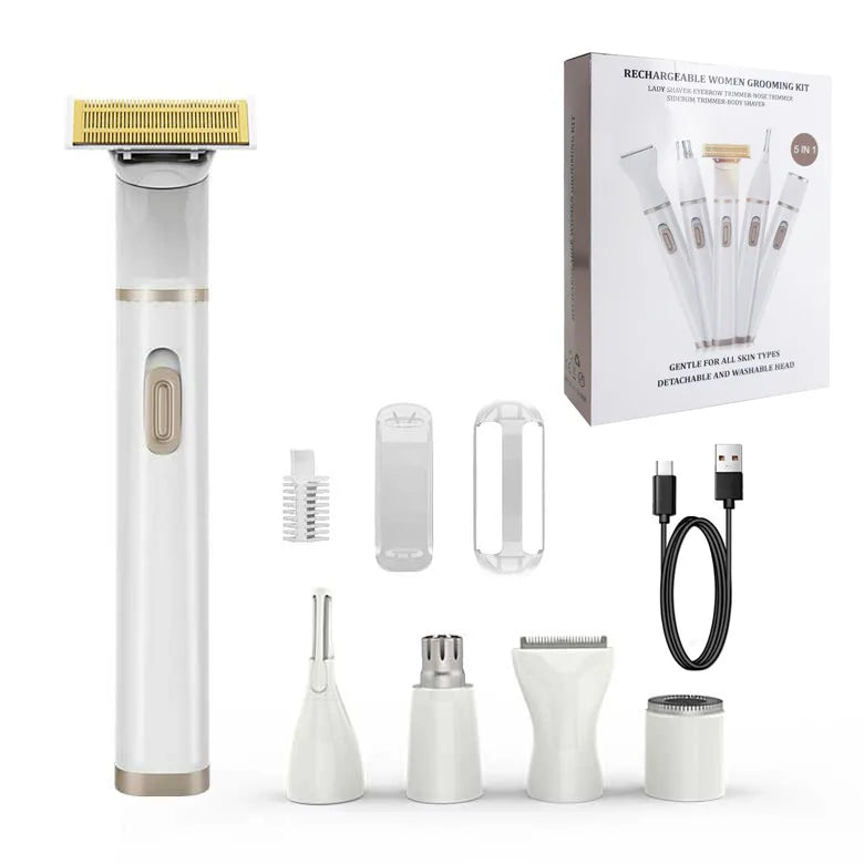 5-in-1 Electric Shaver for Women - Painless Facial, Bikini & Body Hair Remover with USB Charging