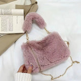 Stylish Plush Shoulder Bag with Gold Chain Strap – Soft & Compact Women's Tote