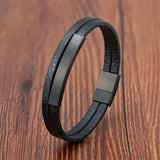 Men's Genuine Leather Bracelet - Stainless Steel Double-Layer Braided Bangle