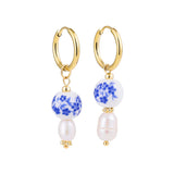 Blue Floral Pearl Dangle Earrings - Asymmetric Ceramic Bead Huggie Hoops