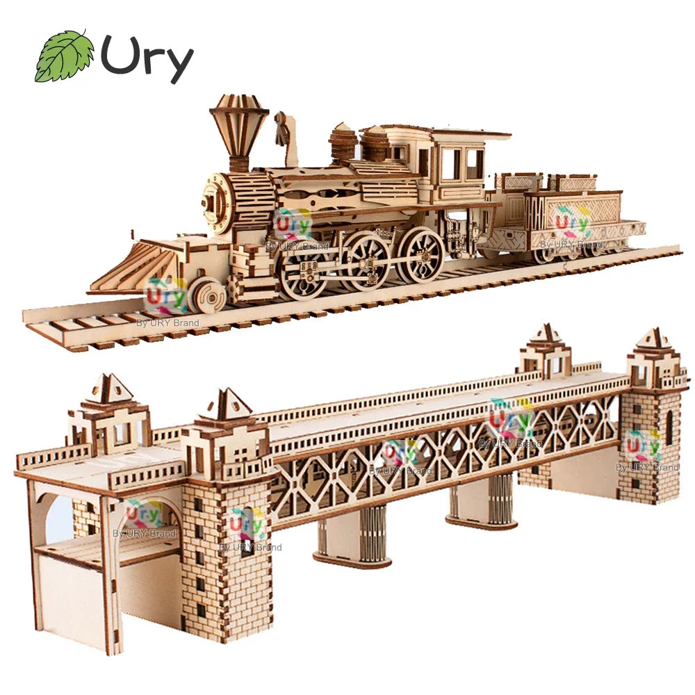 3D Wooden Steam Train Puzzle with Railway Bridge - DIY Model Kit