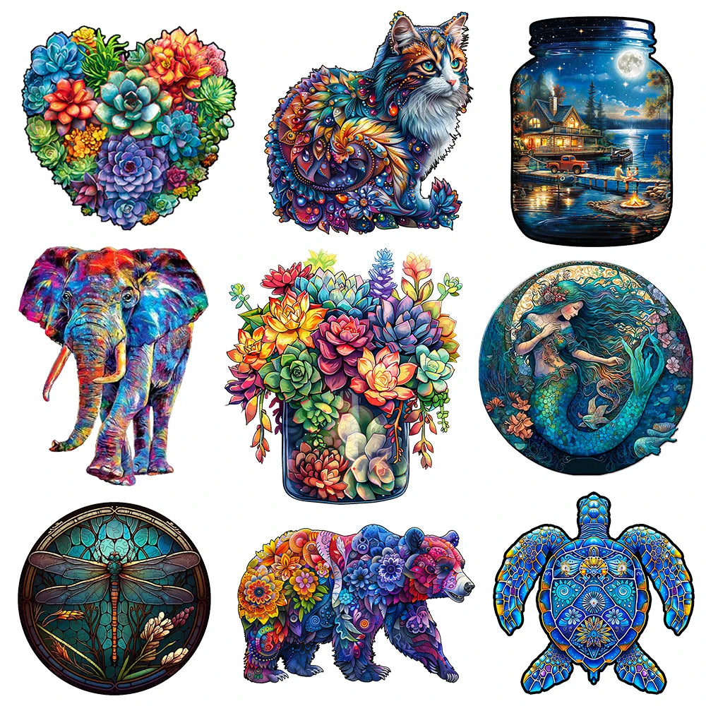 Succulent & Animal Wooden Jigsaw Puzzles - Premium Adult & Kids Brain Teaser Games