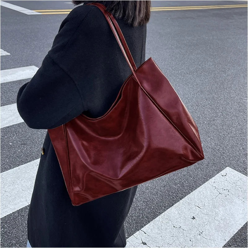 Bolso de mano vintage rojo para mujer, estilo deportivo, informal, a la moda, de gran capacidad, de cuero, para hombro, estilo Harajuku, sencillo