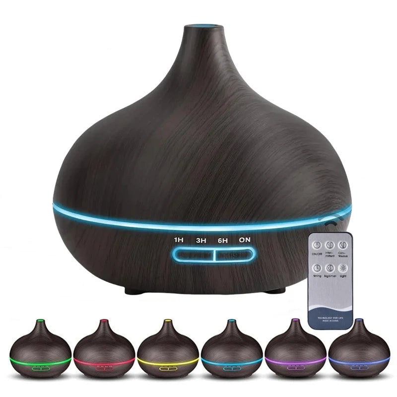Difusor y humidificador de aceites esenciales USB: veta de madera, LED de 7 colores, control remoto