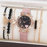 6-Piece Women's Watch Set – Luxury Leather Strap, Quartz Movement, Fashion Bracelets