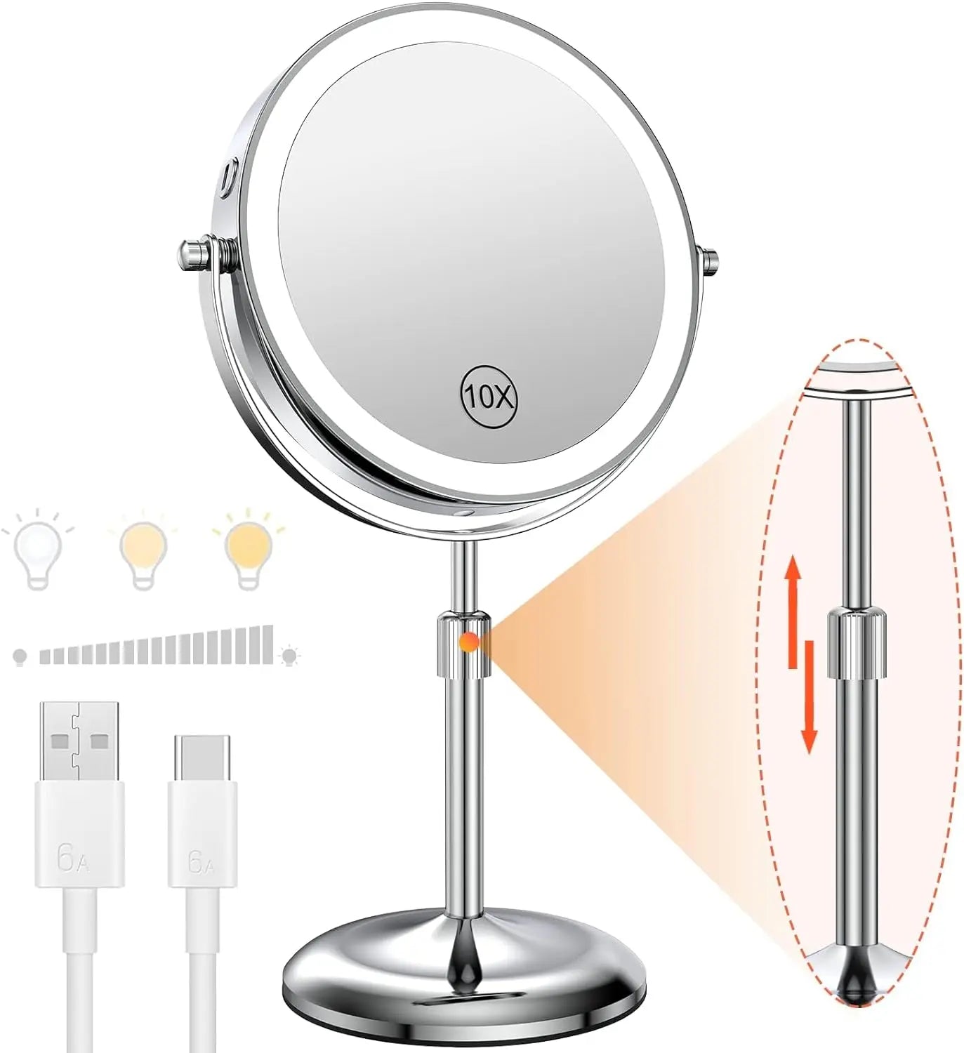 Espejo de maquillaje LED de 8 pulgadas con aumento de 10X e iluminación ajustable