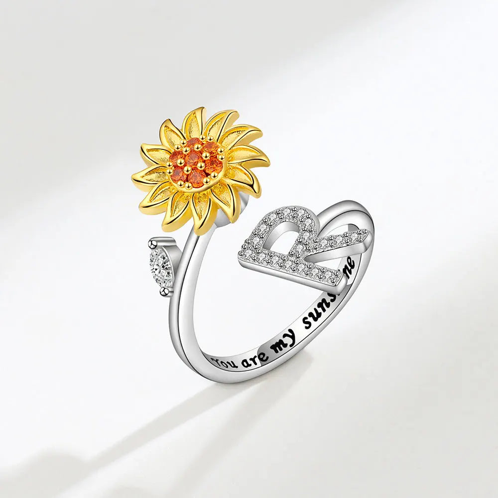 Sunflower Spinner Ring - Stainless Steel Initial Letter Anxiety Relief Jewelry for Women