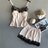 Conjunto de pijama para mujer, moda, escote en V, satén elástico, babydoll, encaje, lencería sexy, pijama con lazo, pantalones cortos para dormir, ropa de dormir nueva