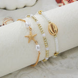Bohemian Shell and Pearl Bracelet Set – 3-Piece Summer Starfish Charm Beaded Chain Jewelry for Women