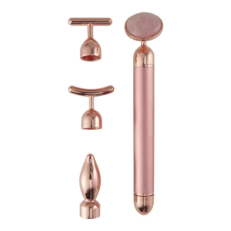 4-in-1 Vibrating Rose Quartz Face Roller and Massager for Lifting and Anti-Wrinkle