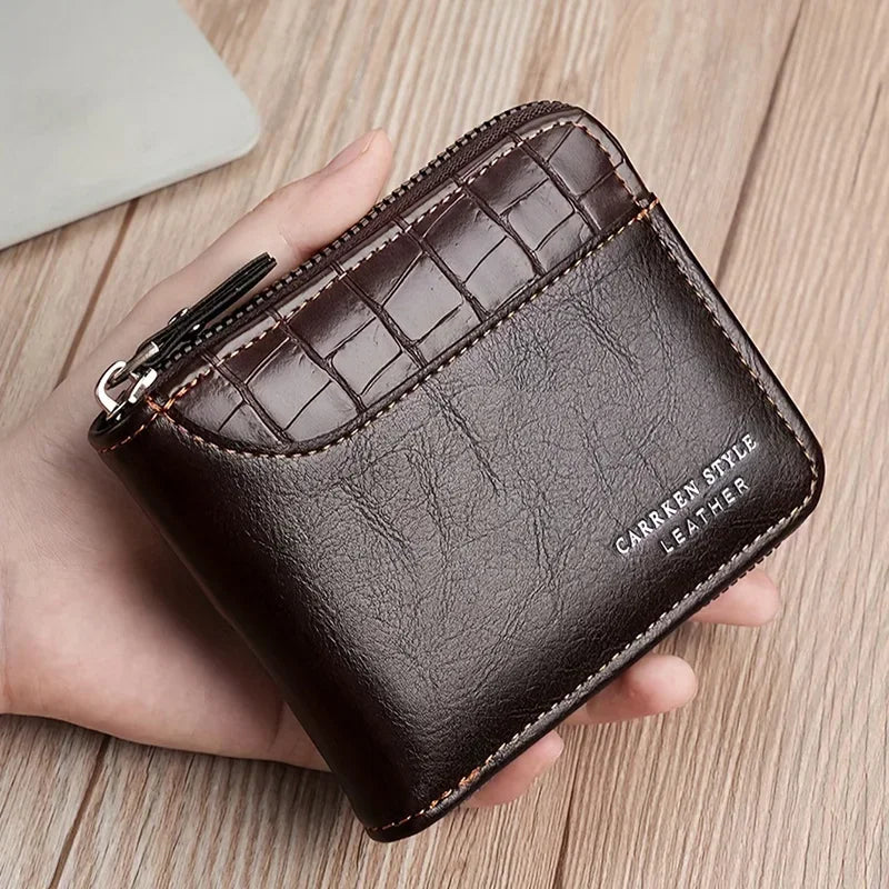 Men’s PU Leather Zipper Wallet – Short Business Style with Card, Coin & Note Compartments