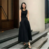 Women's Sleeveless High-Waist Maxi Dress - Elegant Black A-Line Summer Dress