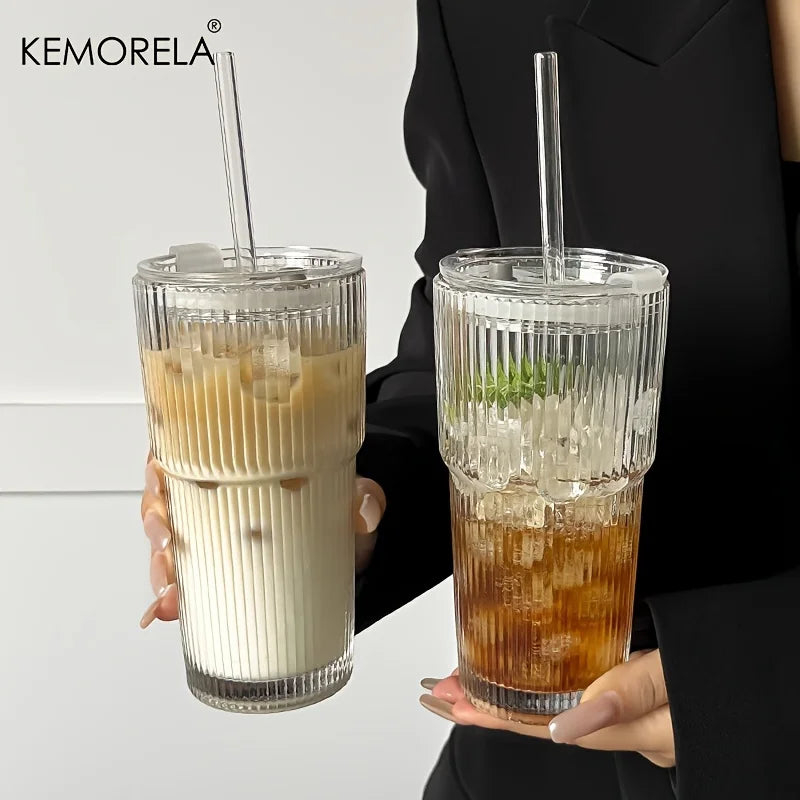 Taza de café de vidrio transparente de 600 ml con tapa y pajita: taza para café helado, té y jugo