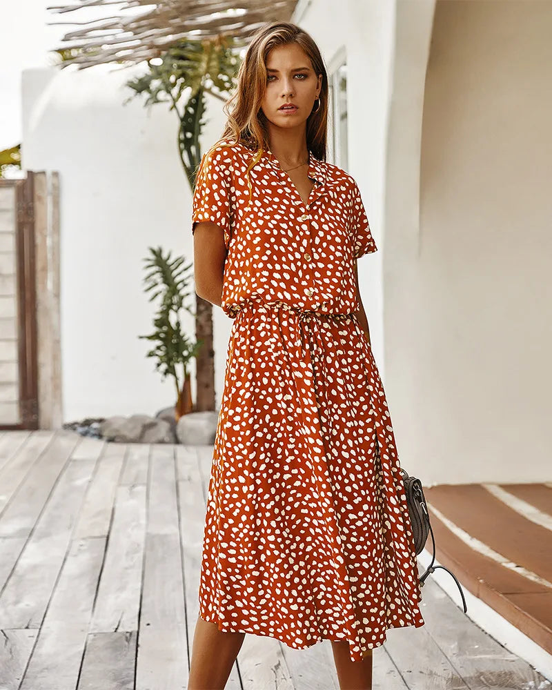 Women’s Vintage Floral Print Boho Dress – Casual Short Sleeve Mid-Calf Shirt Dress