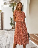 Women’s Vintage Floral Print Boho Dress – Casual Short Sleeve Mid-Calf Shirt Dress