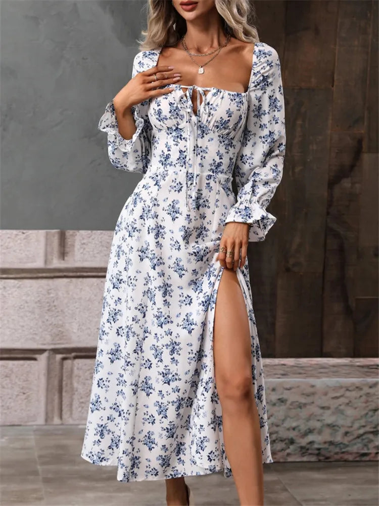 Bohemian Print Maxi Dress for Women - Backless, Full Sleeve, Summer Dress