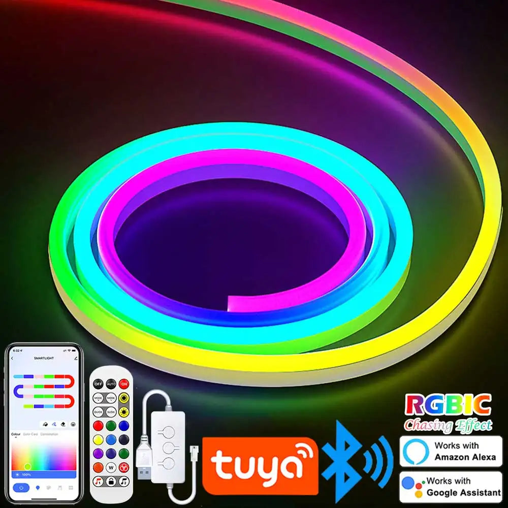 TUYA Neon LED Strip Lights 5V RGBIC Neon Strip 72LEDs/M Silicone with Music Sync RGBIC Dreamcolor Chasing Strip Tape for Room