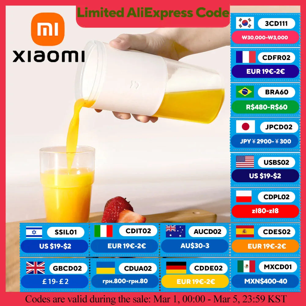 XIAOMI MIJIA Mini licuadora portátil exprimidor eléctrico de frutas exprimidor de naranjas procesador de alimentos de cocina extractor de jugos para el hogar