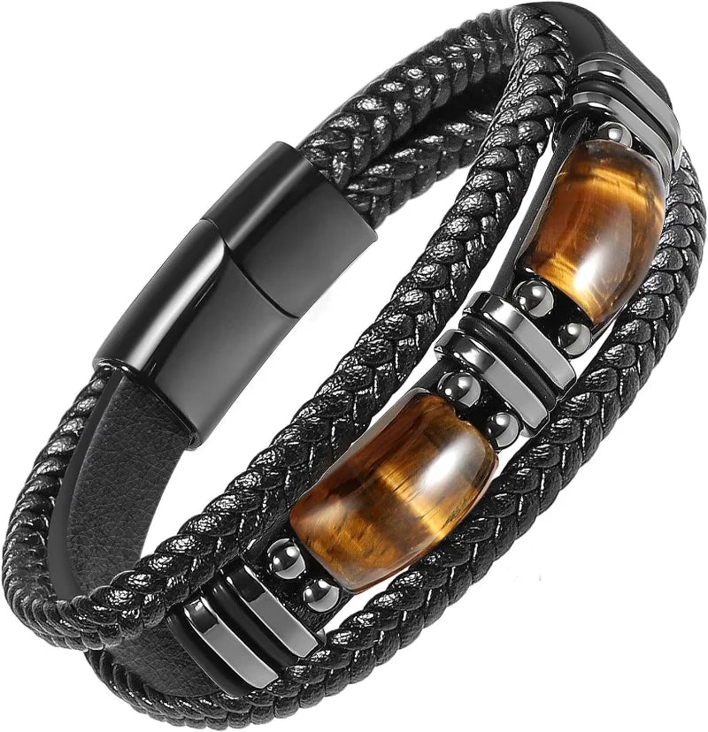 Men’s Tiger Eye Leather Bracelet - Handmade Courage & Protection Jewelry