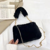 Stylish Plush Shoulder Bag with Gold Chain Strap – Soft & Compact Women's Tote