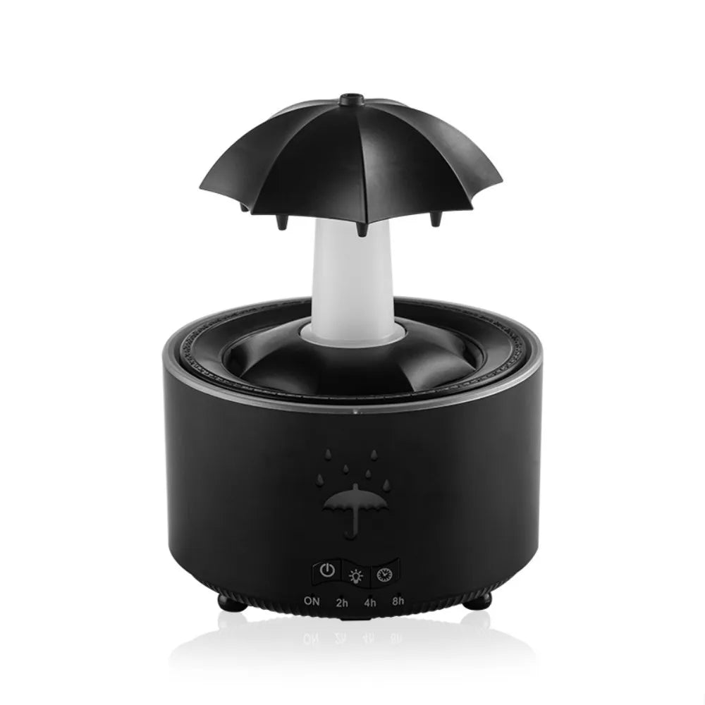Humidificador con forma de paraguas giratorio y gotas de agua: niebla silenciosa, aromaterapia y luz nocturna colorida