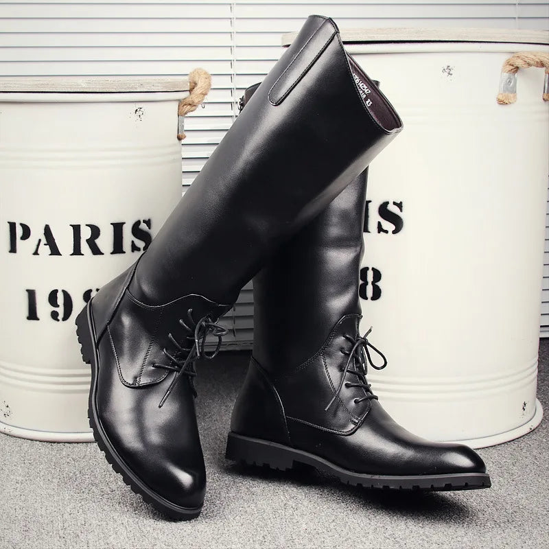 Men’s Knee-High Motorcycle Boots – PU Leather Winter Riding Boots with Zipper Closure