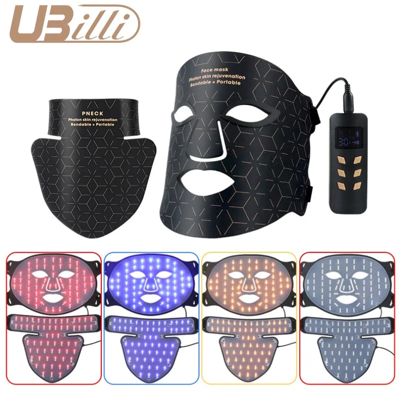 4-Color LED Silicone Face & Neck Mask for Anti-Aging, Acne Treatment, and Skin Rejuvenation – Infrared Therapy Included