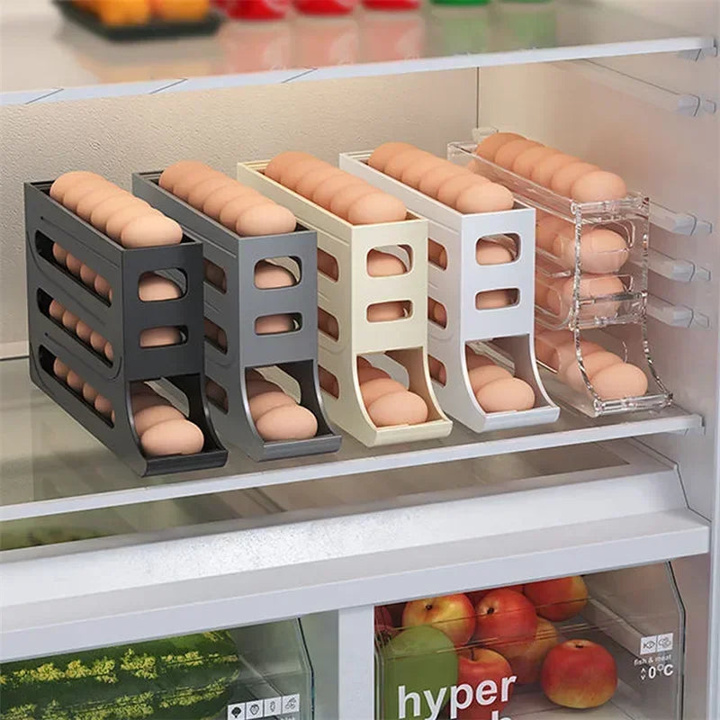 Caja de almacenamiento de huevos con ruedas automáticas - Organizador de huevos para refrigerador de 4 capas con gran capacidad | Dispensador de huevos eficiente para almacenamiento en la cocina 