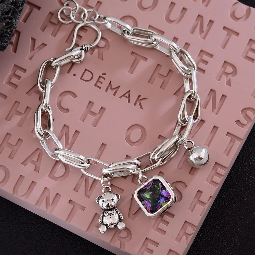 925 Sterling Silver Bear Charm Bracelet with Crystals