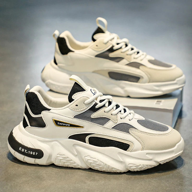 Men's Thick Sole Mesh Sneakers with Breathable Lace-Up Design
