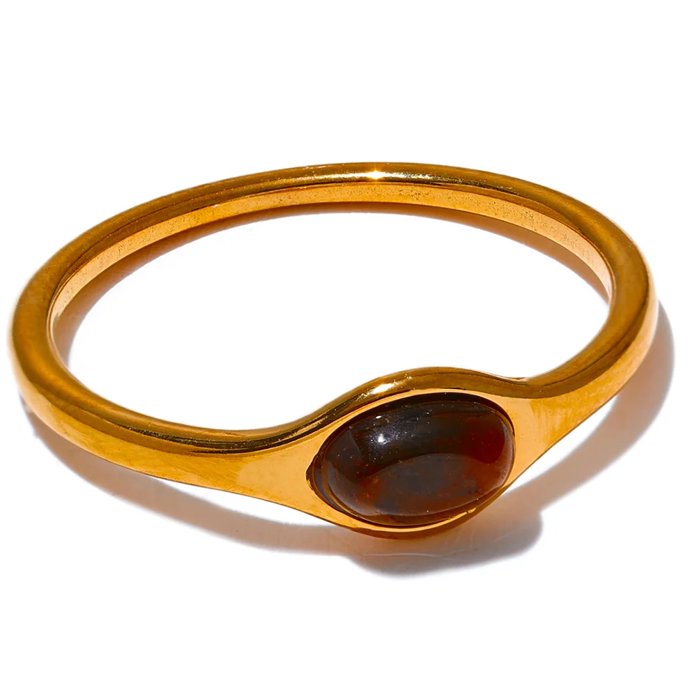 Minimalist Gold Stainless Steel Ring with Natural Stone – Chic & Waterproof Jewelry