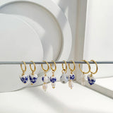 Blue Floral Pearl Dangle Earrings - Asymmetric Ceramic Bead Huggie Hoops