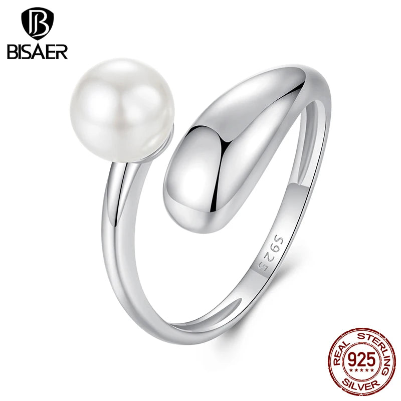 Anillo abierto de perla en plata de ley 925: joyería ajustable, elegante y minimalista para mujeres