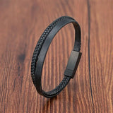 Men's Genuine Leather Bracelet - Stainless Steel Double-Layer Braided Bangle