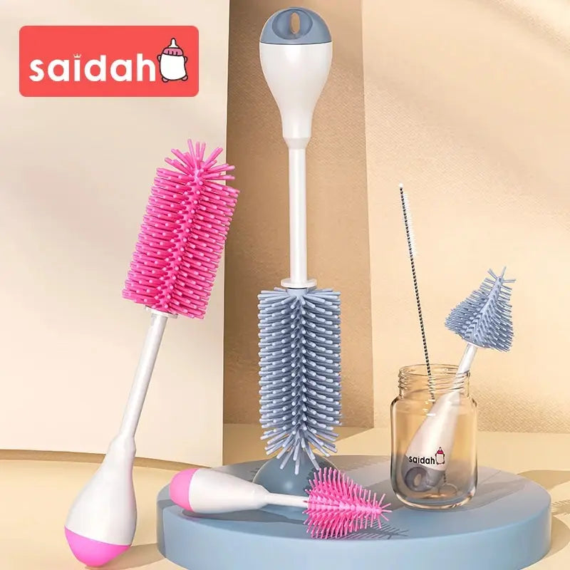 360° Rotating 3-in-1 Silicone Baby Bottle & Pacifier Cleaning Brush Set – BPA-Free, Soft & Durable