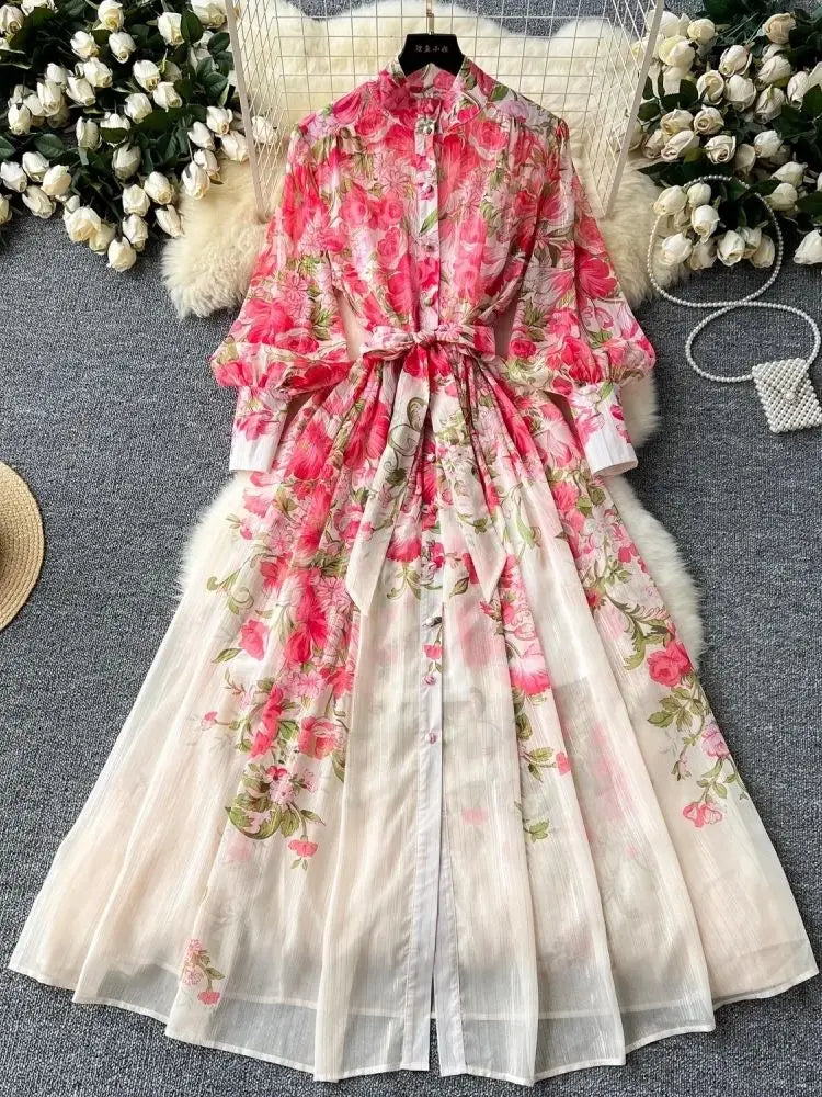 Women's Flowy Chiffon Maxi Dress with Lantern Sleeves & Floral Print