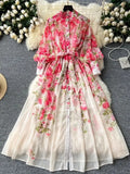Women's Flowy Chiffon Maxi Dress with Lantern Sleeves & Floral Print