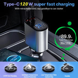 120W Retractable 4-in-1 Car Charger – USB-C, Lightning, Fast Charging Adapter