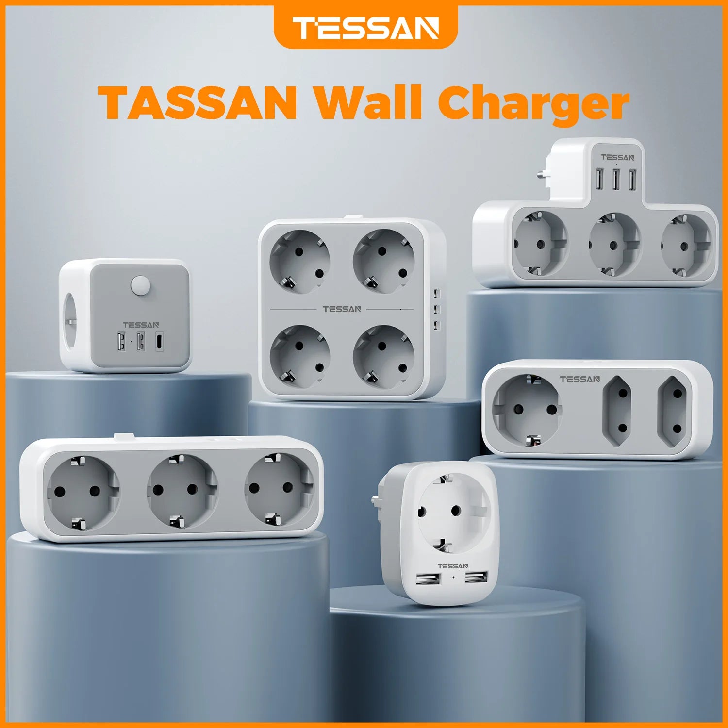 Regleta de enchufes TESSAN EU KR con tomas de CA y puertos de carga USB, adaptador de enchufes de pared para el hogar y la oficina