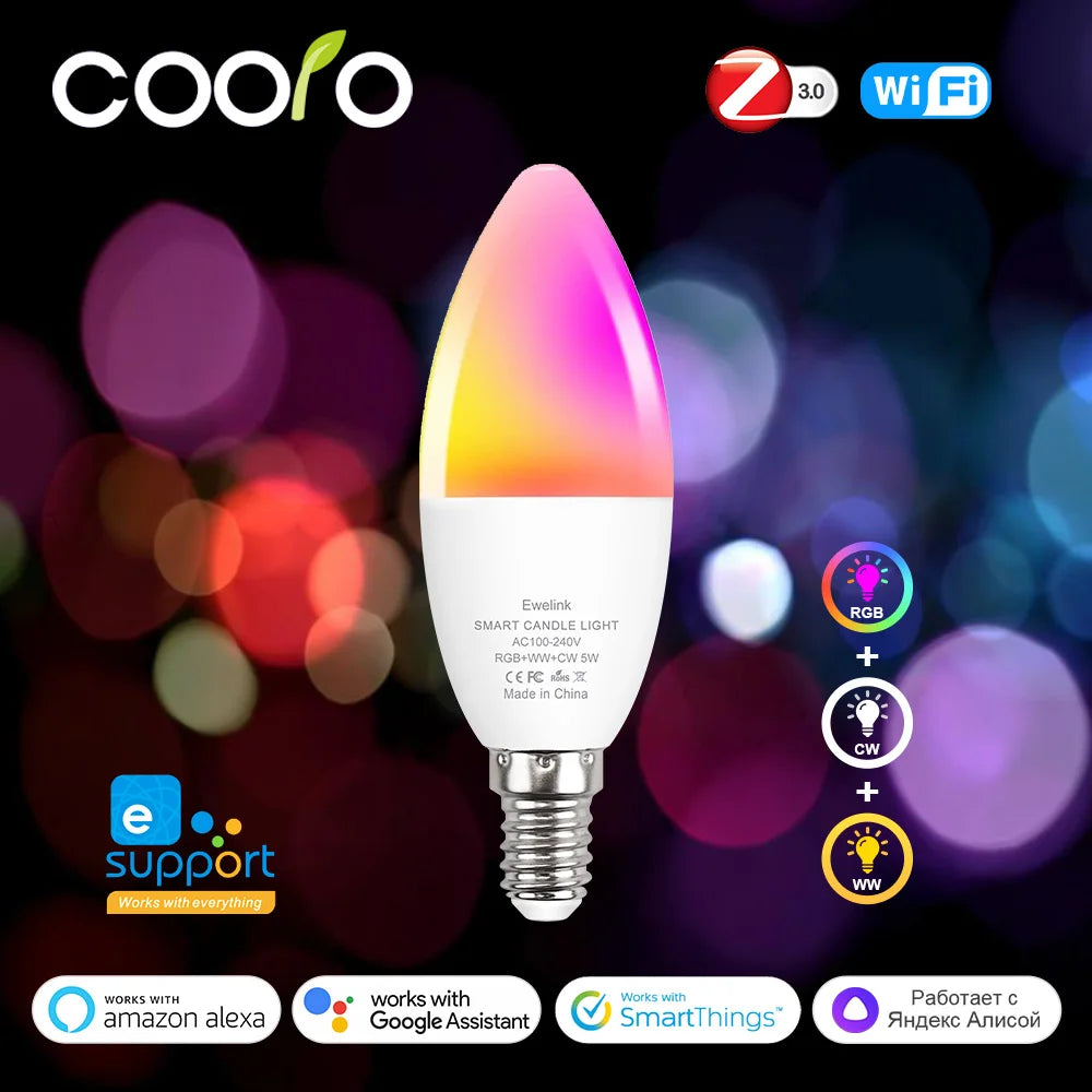 E14 Smart WiFi & Zigbee LED Candle Bulb – RGBCW Dimmable Light for Smart Home Automation