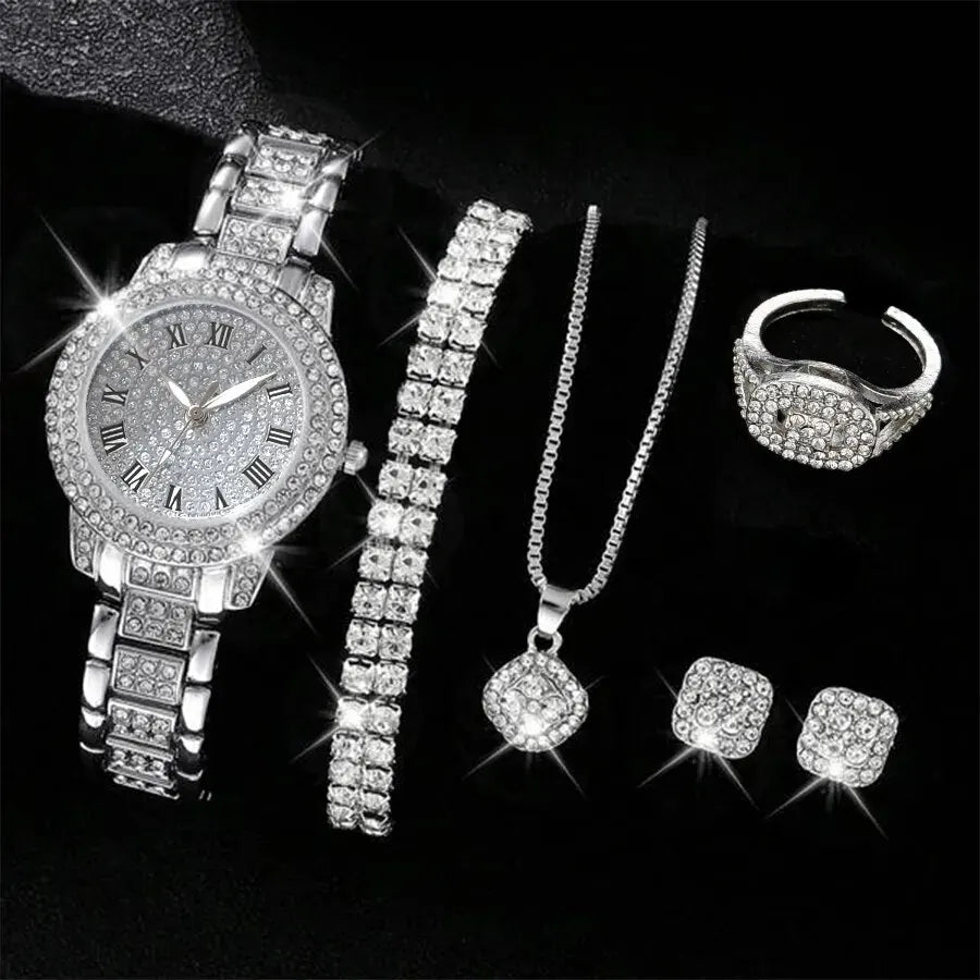 Juego de 6 relojes de cristal de lujo para mujer | Elegante reloj de pulsera y pulsera de cuarzo