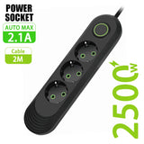 Regleta con enchufe europeo, 3 puertos USB y 3 tomas de CA, cable alargador de 2500 W