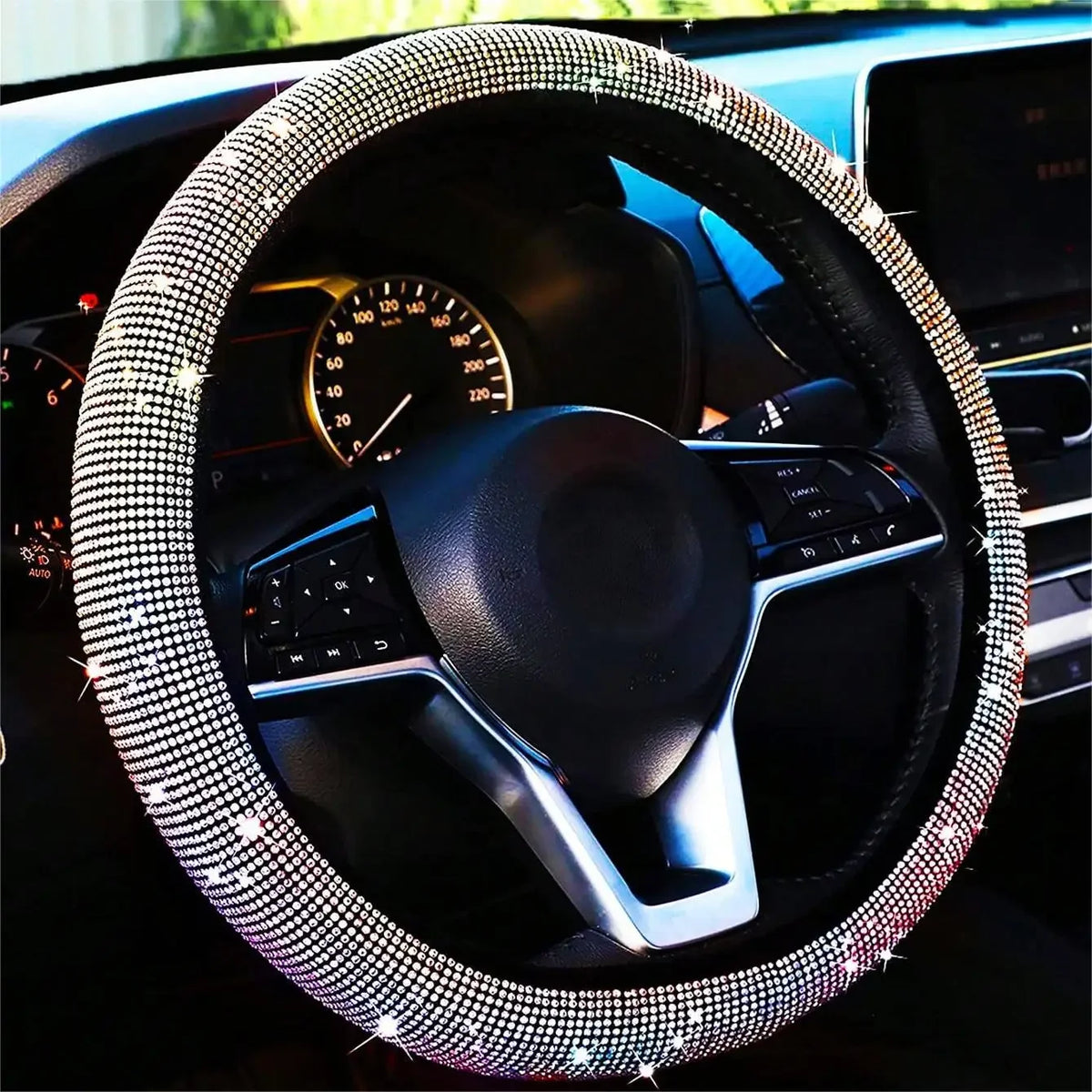 Funda para volante con brillantes diamantes de imitación, antideslizante, interior de franela, ajuste universal (37-38 cm)