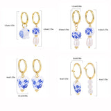 Blue Floral Pearl Dangle Earrings - Asymmetric Ceramic Bead Huggie Hoops