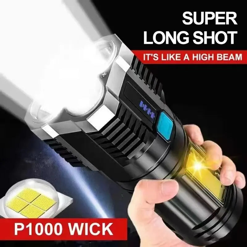 Rechargeable LED Flashlight with 4 Modes & COB Side Light – High-Power Waterproof Torch for Outdoor Use